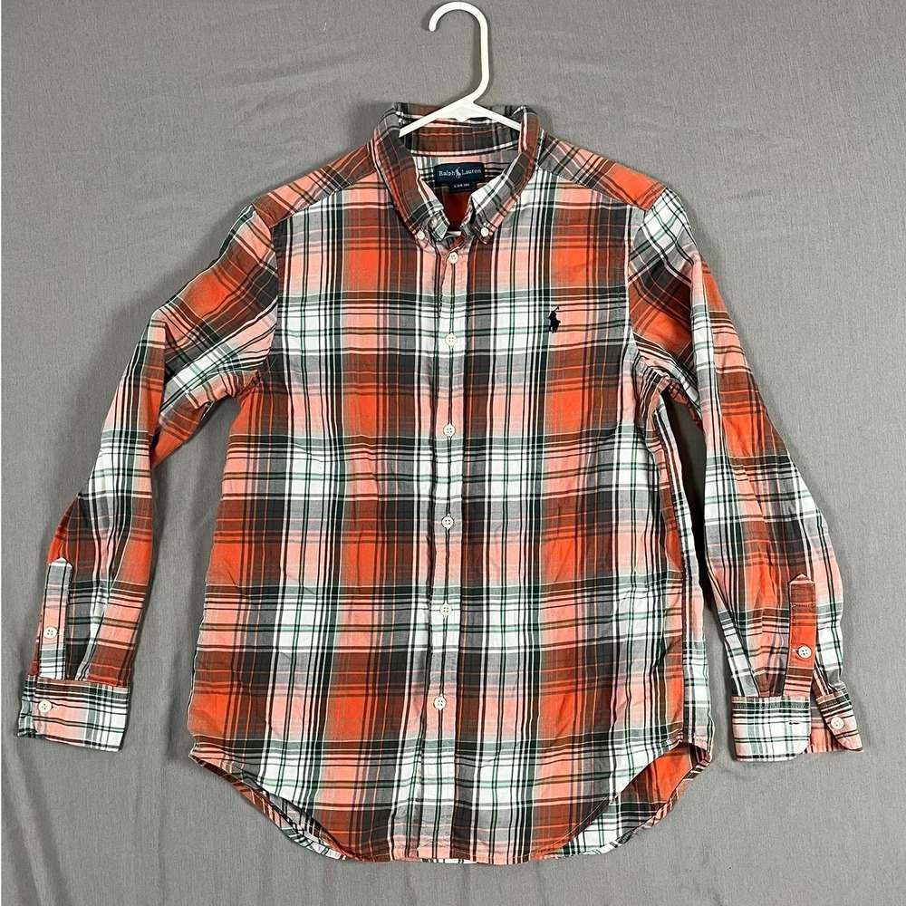 Ralph Lauren Button-Down Boys L 14-16 Plaid Orange Black White EUC